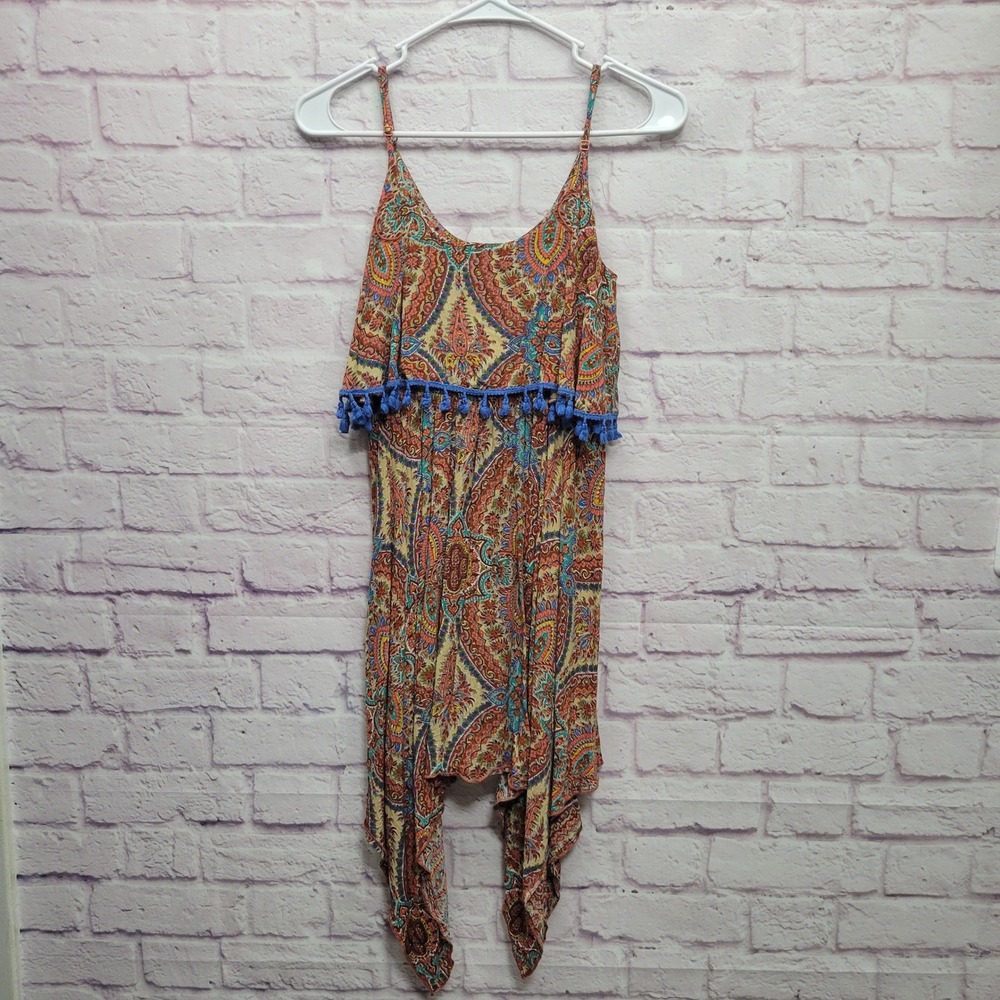 Umgee Floral Romper Dress Size‎ XS Tassel Asymmetrical Hem Spaghetti Straps Boho